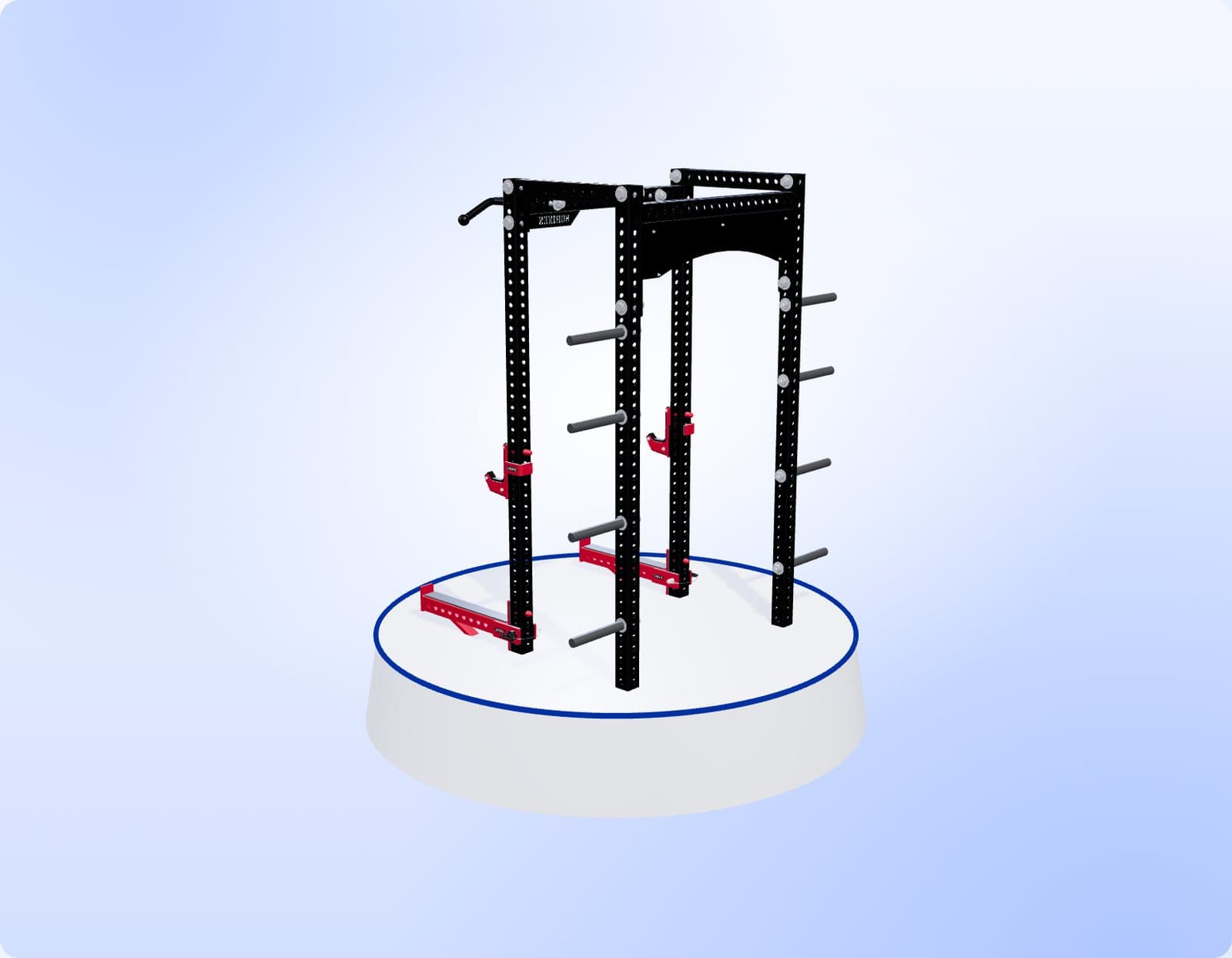 A Sorinex rack rendered in 3D under studio lights