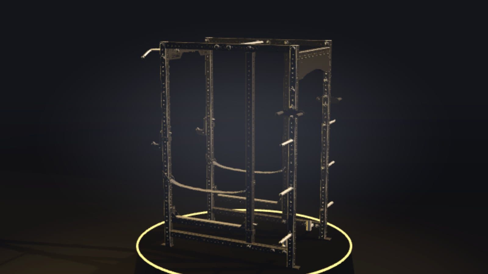 A Sorinex Base Camp rack rendered live in the browser under studio lights